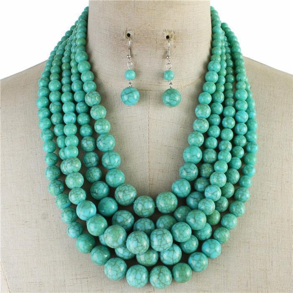 Layered Turquoise Lucite Bead Necklace Earring - Picture 1 of 4